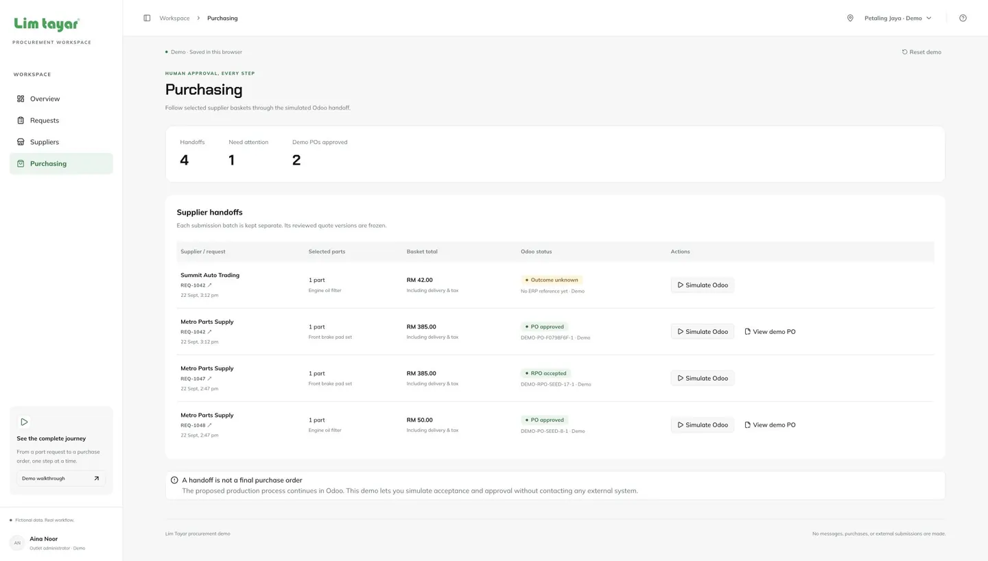 Purchasing view listing supplier handoffs and simulated Odoo status