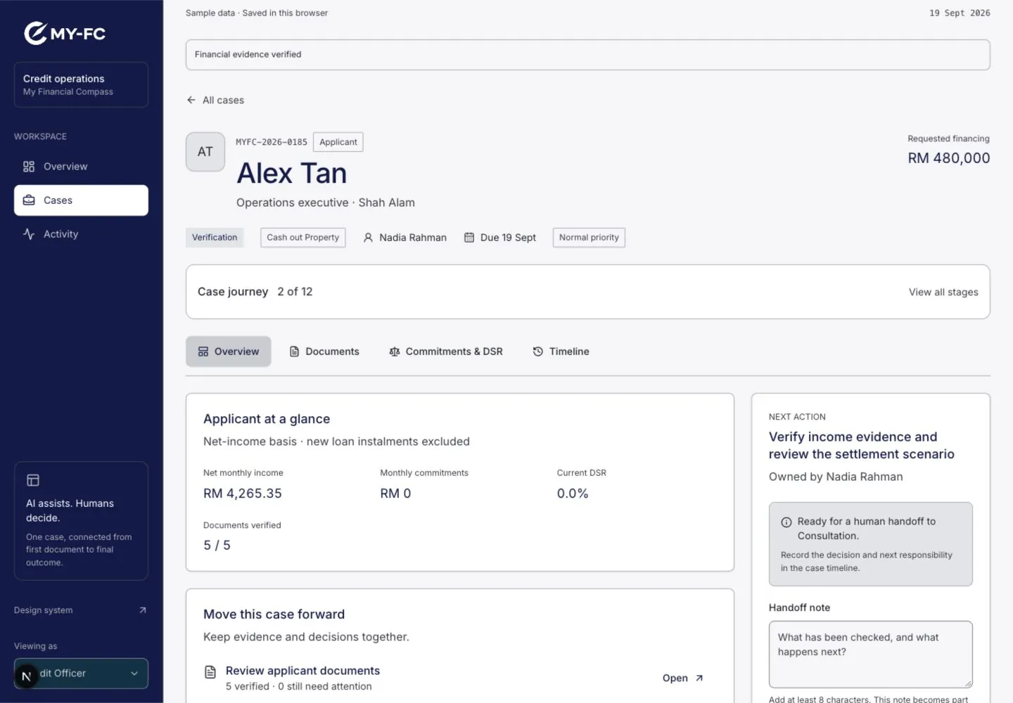 MyFC case at the verification stage with the applicant summary and next action